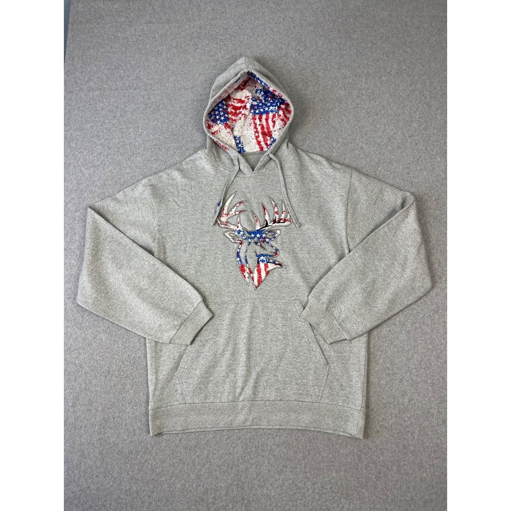 Staghorn Outfitters Sweatshirt Mens Gray L American Flag Deer Skull Hoodie